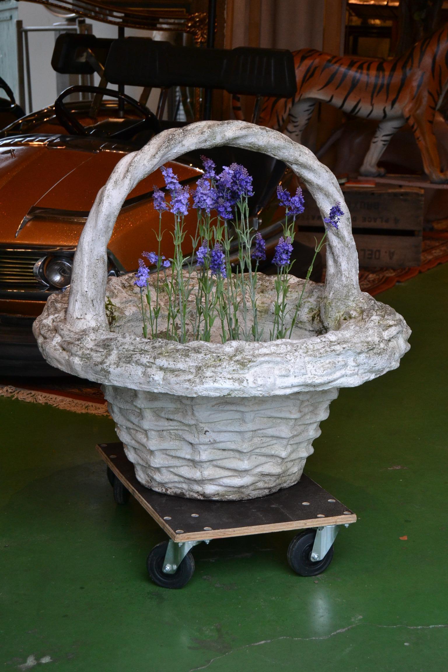 French Multiple Large Concrete Basket Planters with Handles, Woven Baskets, France For Sale
