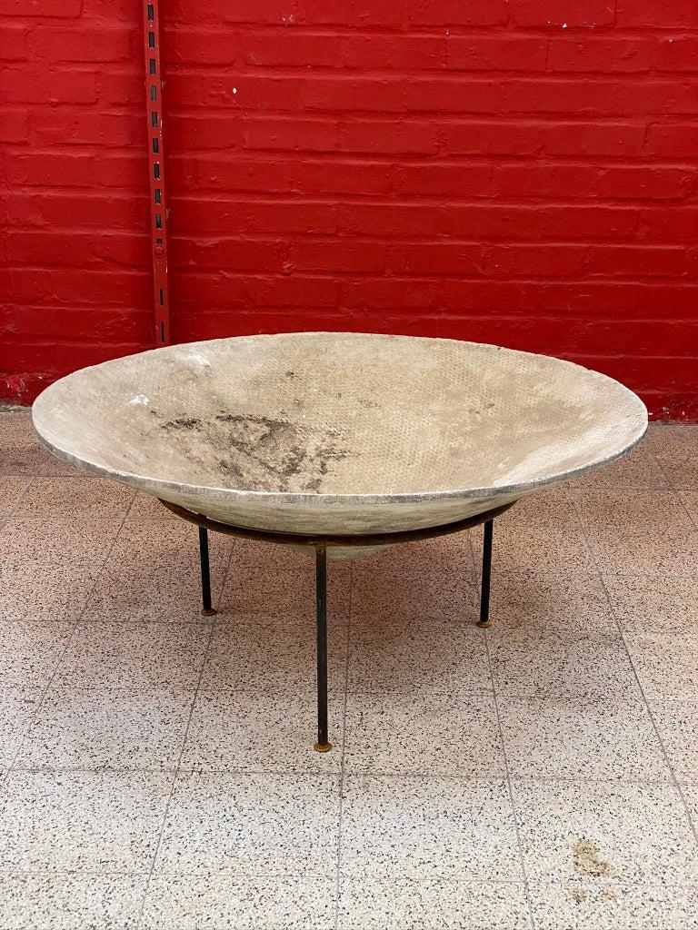 Mid-Century Modern 3 Large Eternit Saucer Planters Designed by Willy Guhl with Wrought Iron Base For Sale