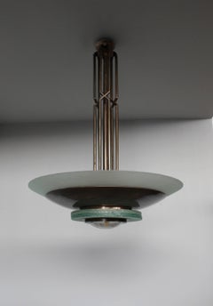 Large French Art Deco Brass and Glass Chandeliers
