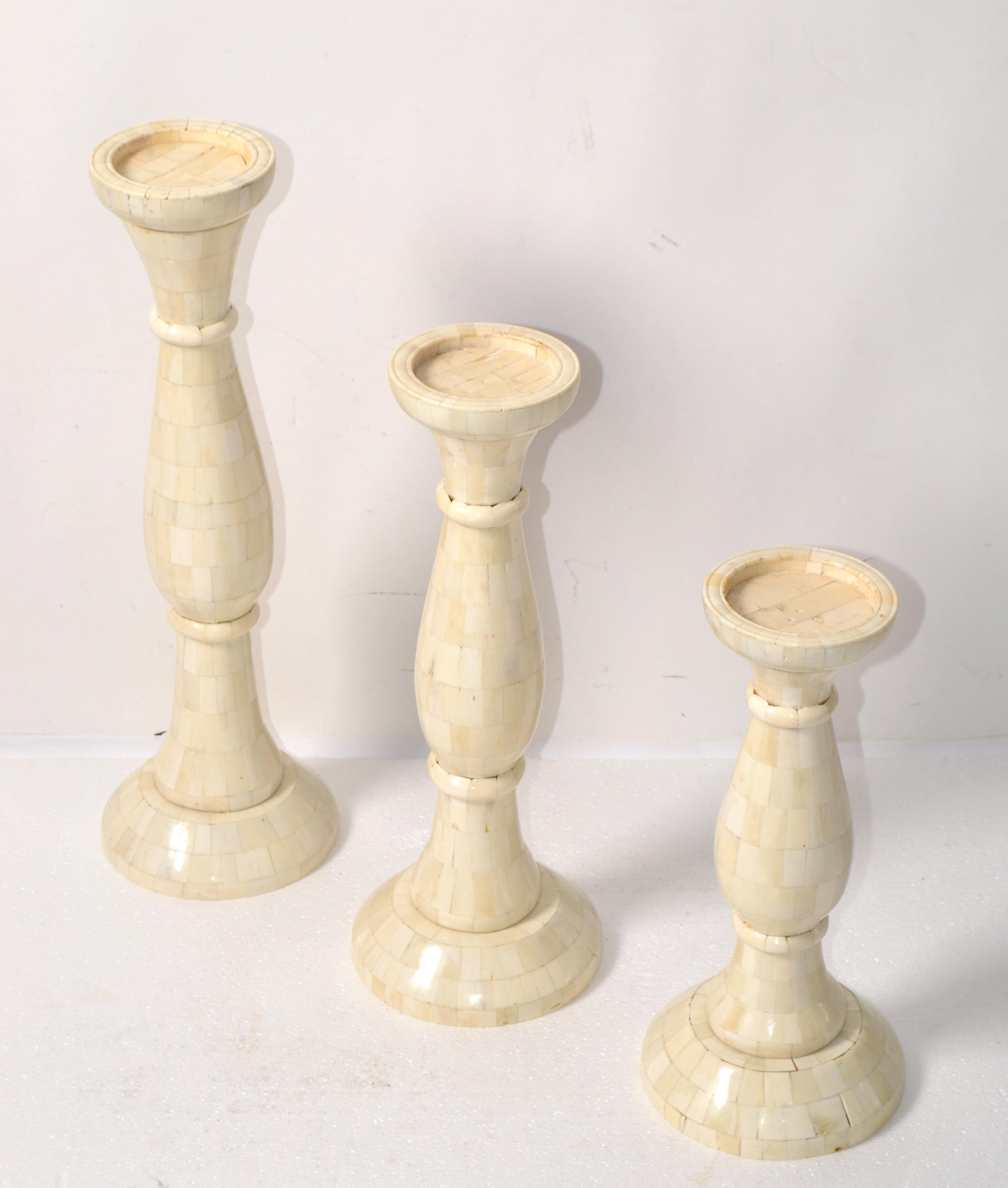 3 Large Nesting Pillar Candle Holders Handmade Mother of Pearl Turned Wood 1970 For Sale 7