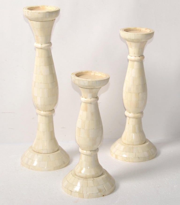 3 Large Nesting Pillar Candle Holders Handmade Mother of Pearl Turned