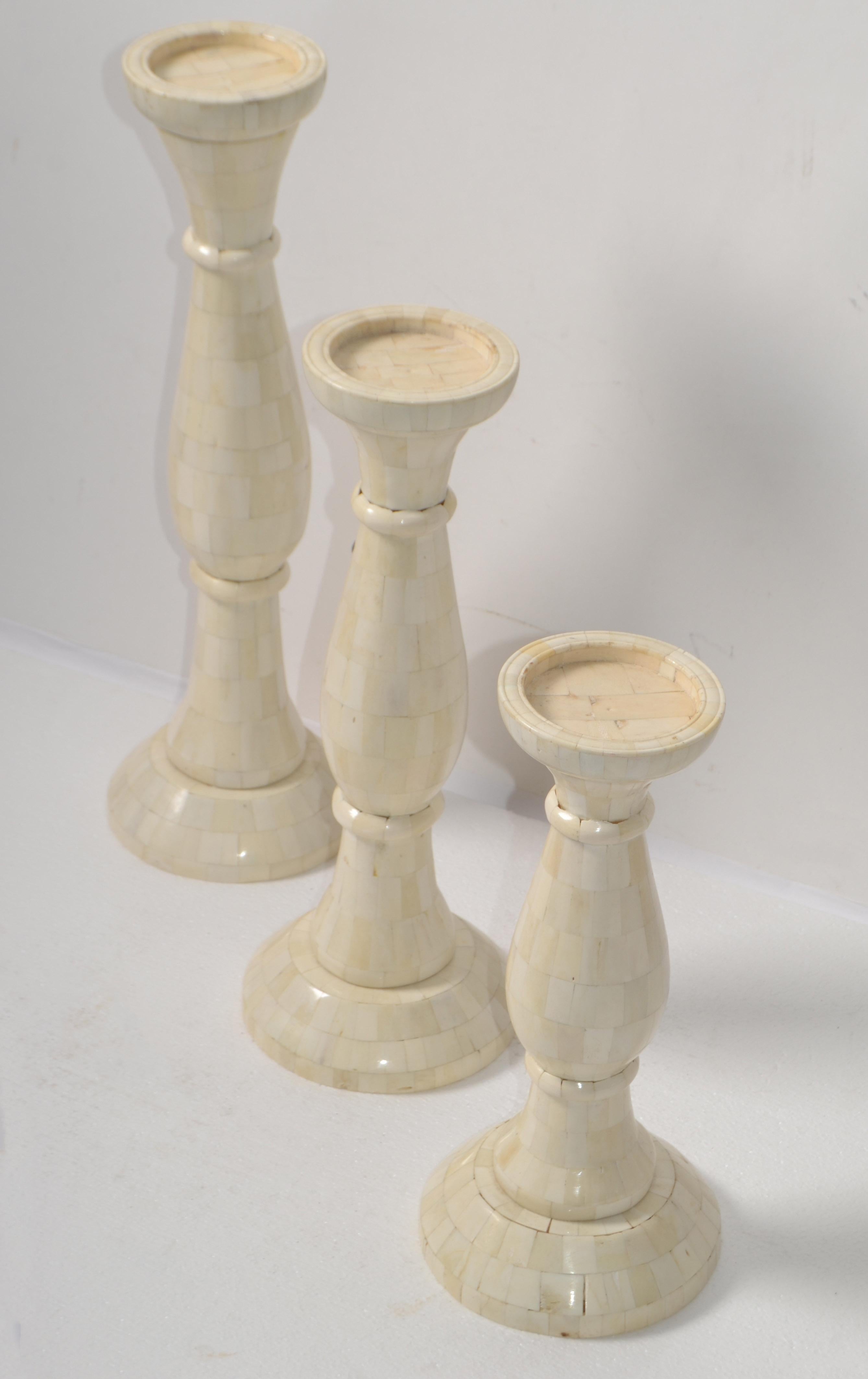 Hollywood Regency 3 Large Nesting Pillar Candle Holders Handmade Mother of Pearl Turned Wood 1970 For Sale