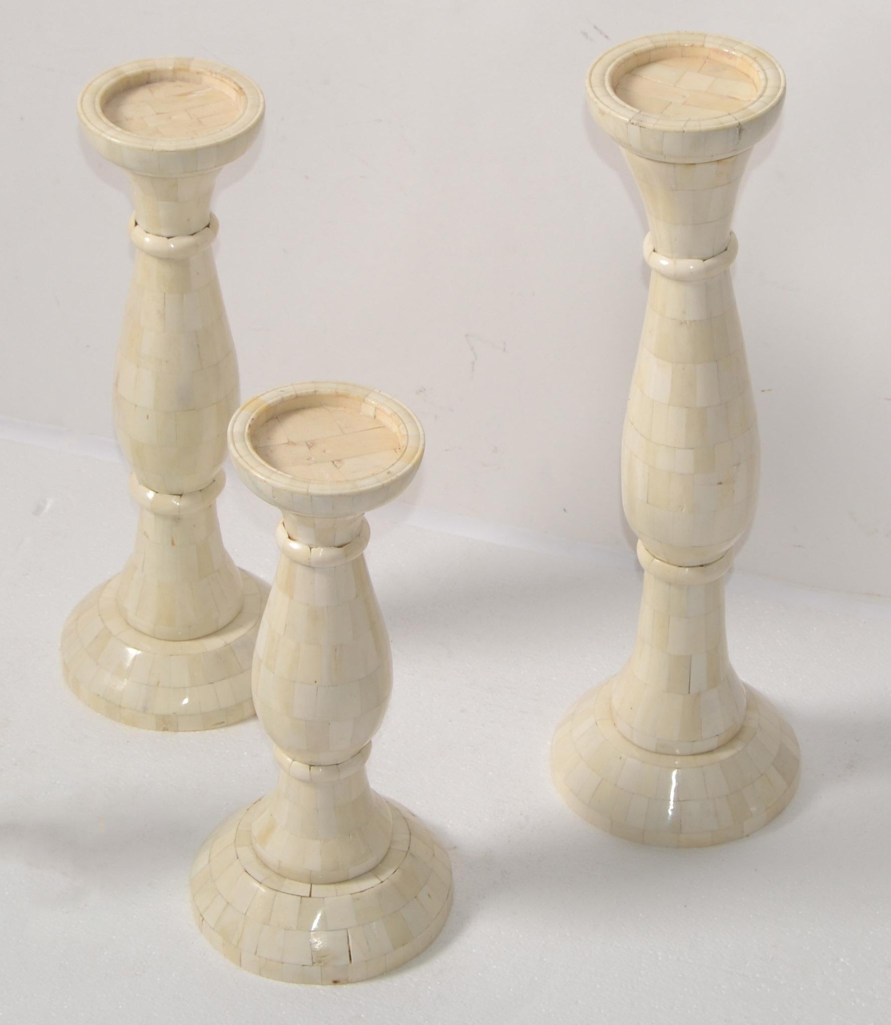 Philippine 3 Large Nesting Pillar Candle Holders Handmade Mother of Pearl Turned Wood 1970 For Sale