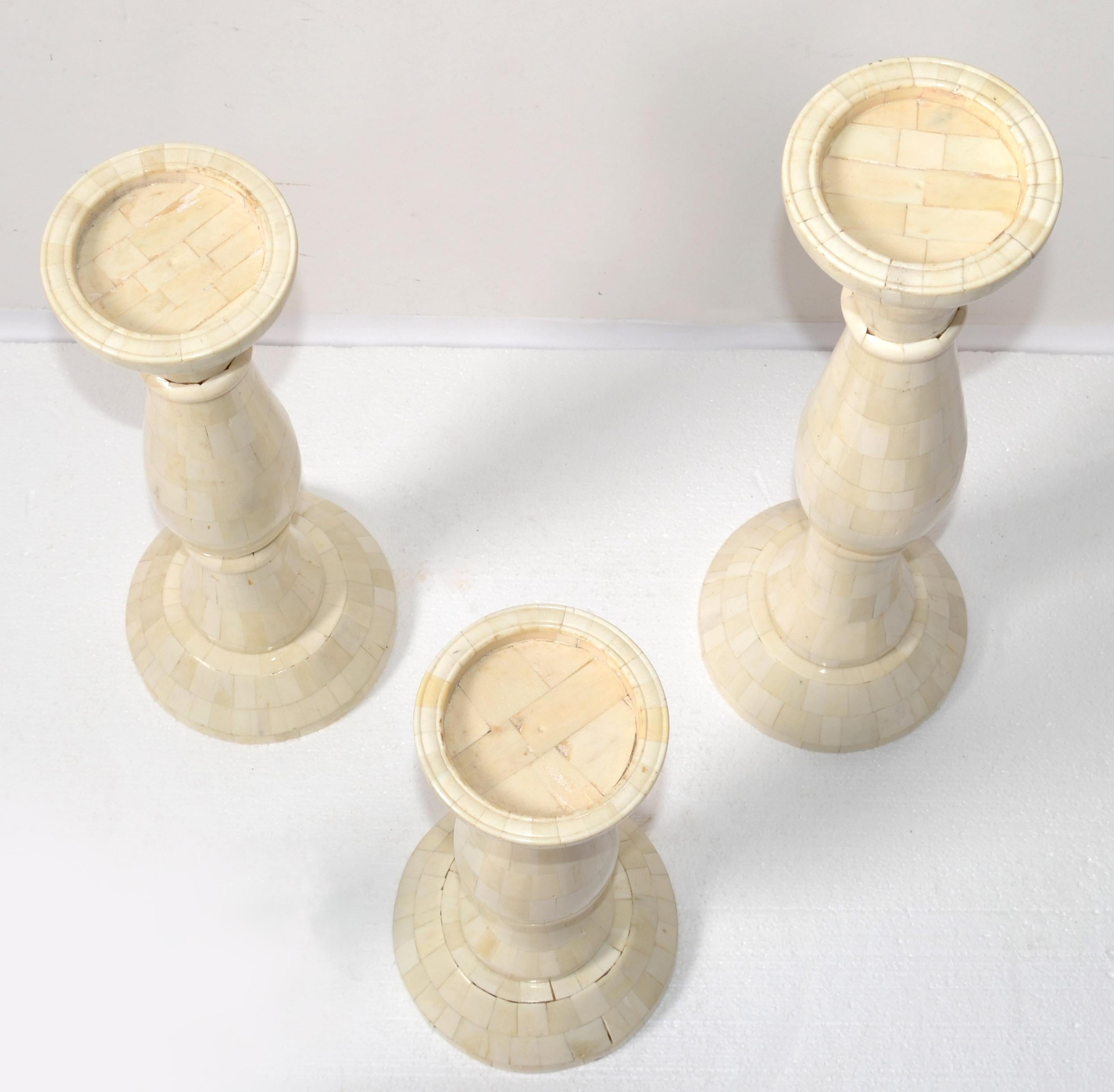 Hand-Crafted 3 Large Nesting Pillar Candle Holders Handmade Mother of Pearl Turned Wood 1970 For Sale