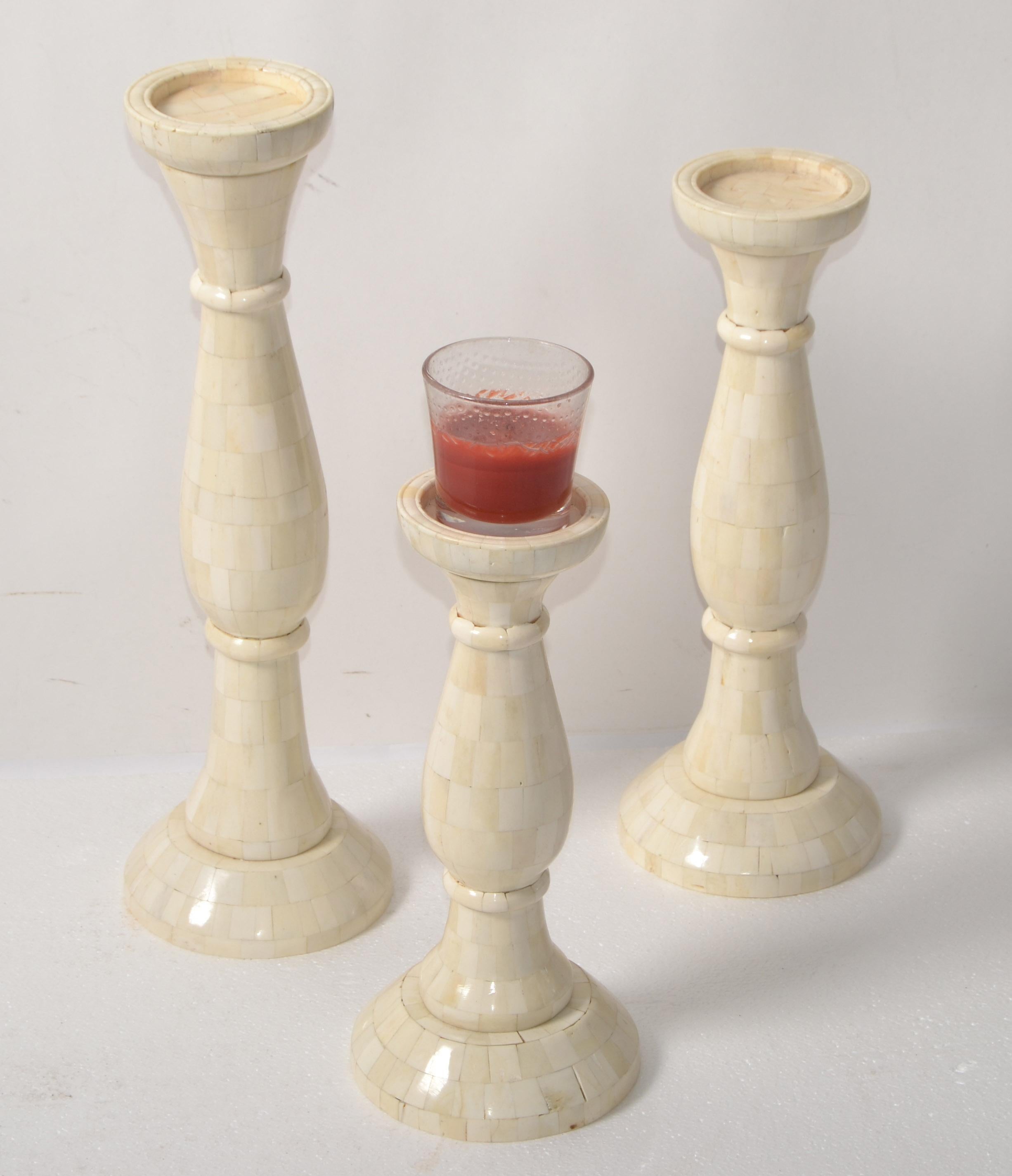 20th Century 3 Large Nesting Pillar Candle Holders Handmade Mother of Pearl Turned Wood 1970 For Sale