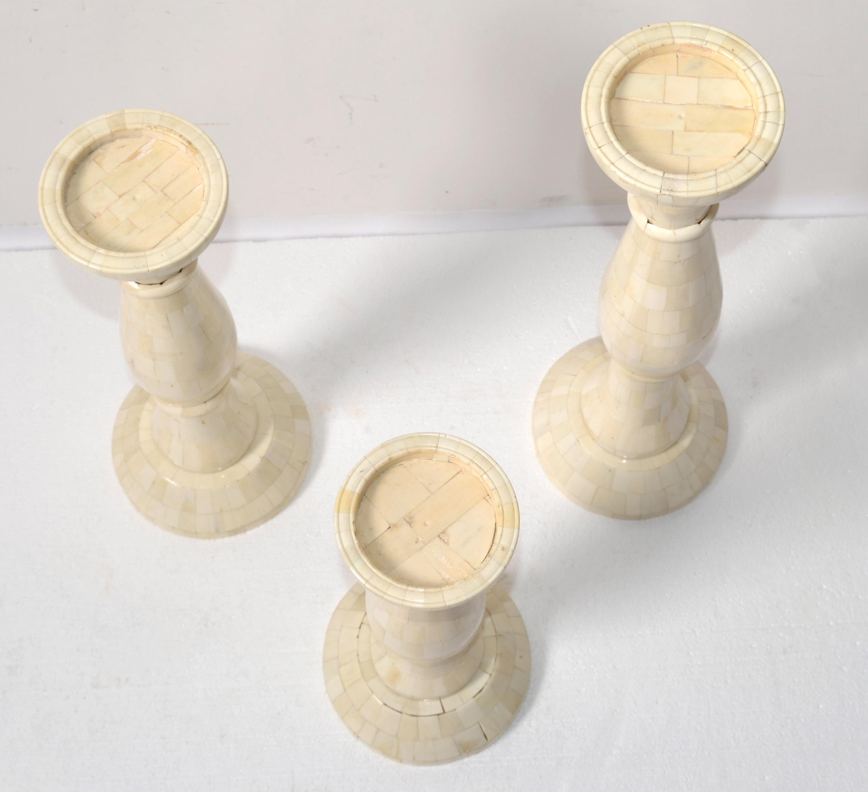 Mother-of-Pearl 3 Large Nesting Pillar Candle Holders Handmade Mother of Pearl Turned Wood 1970 For Sale