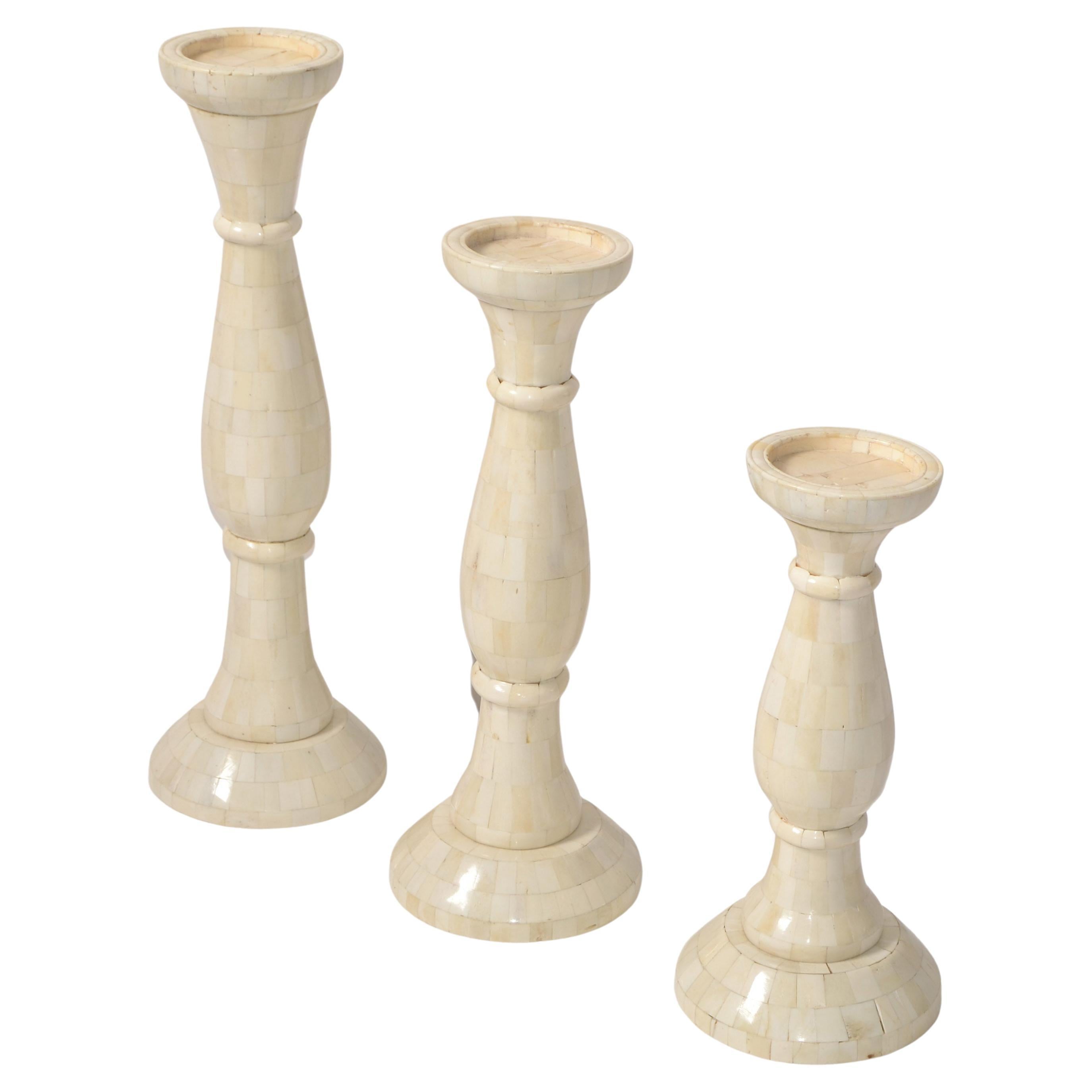 3 grandi portacandele a nido realizzati a mano in legno tornito madreperlato 1970 in vendita