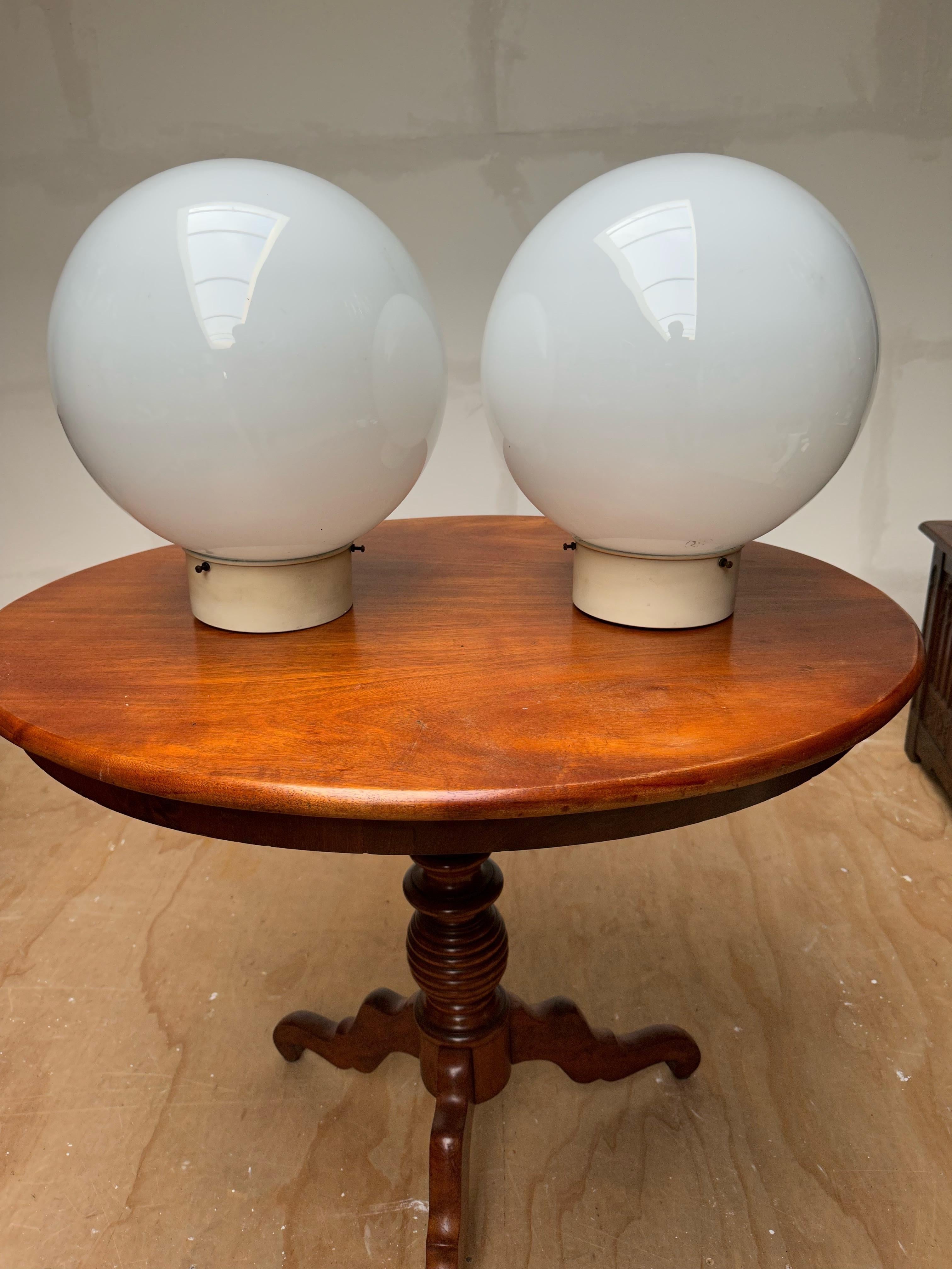 Mid-Century Modern 3 Large Pairs of Midcentury Modern Globe Design White Opaline Glass Flush Mounts For Sale