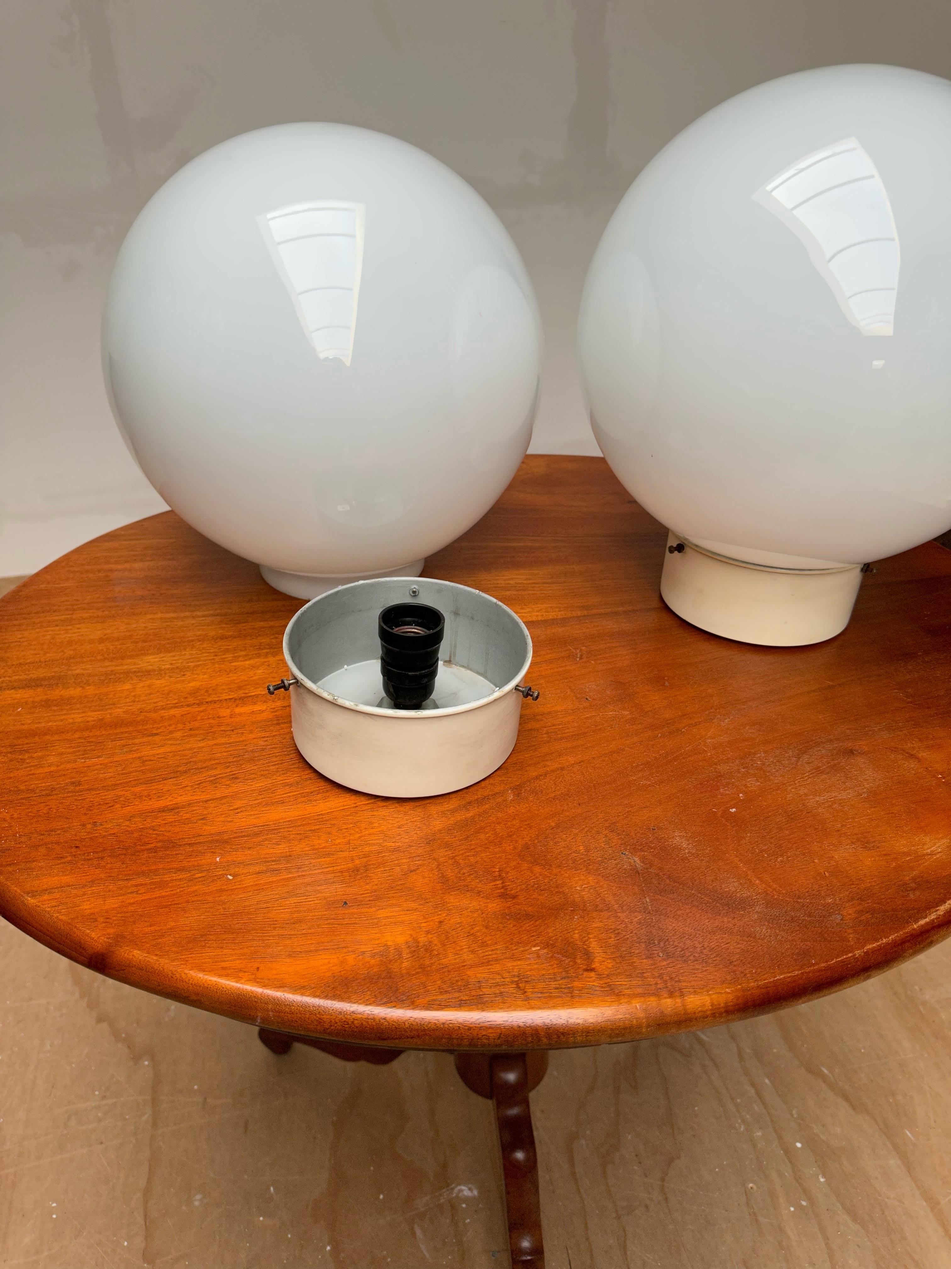 European 3 Large Pairs of Midcentury Modern Globe Design White Opaline Glass Flush Mounts For Sale