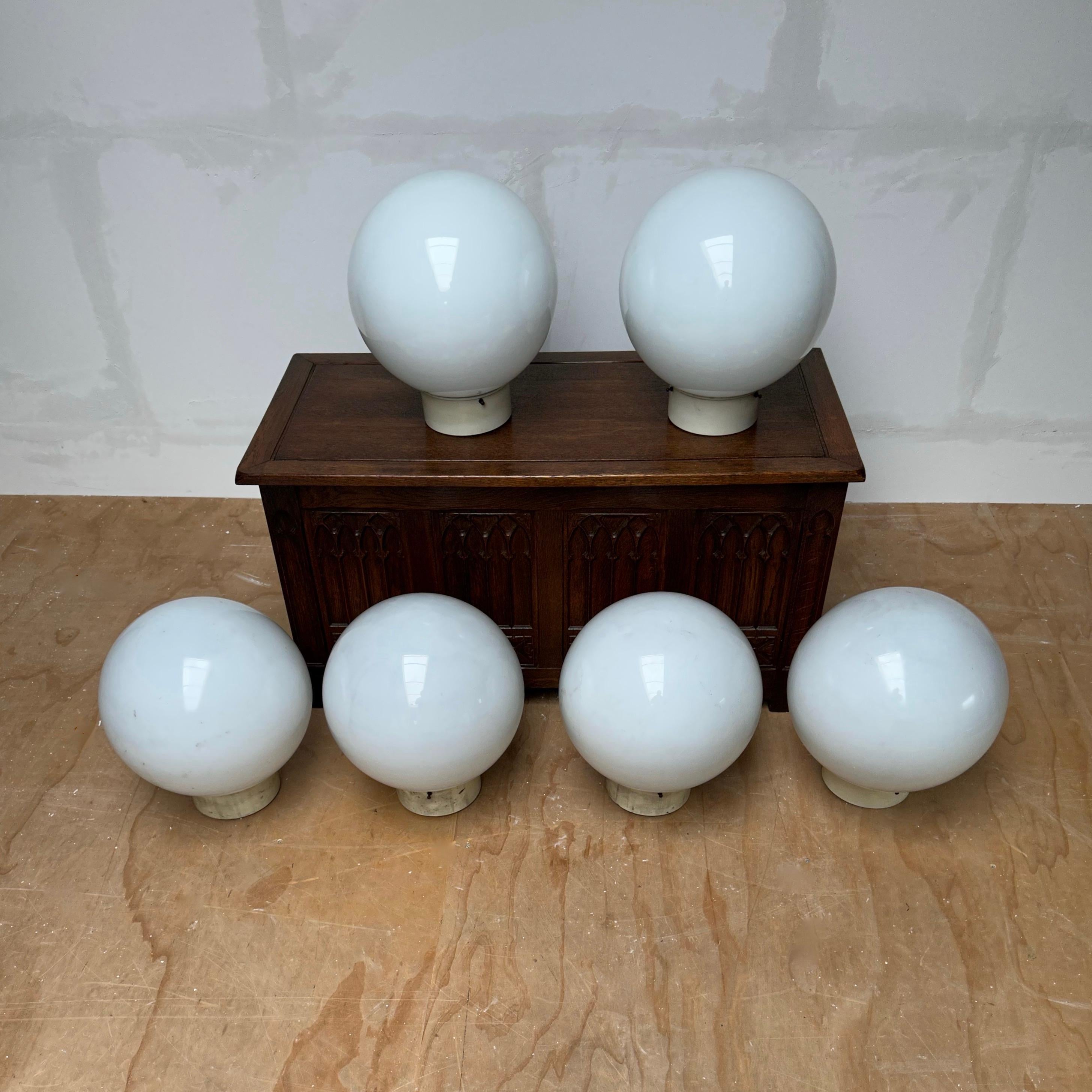20th Century 3 Large Pairs of Midcentury Modern Globe Design White Opaline Glass Flush Mounts For Sale