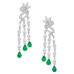 3 Line Earring with Pear Drop Zambian Emerald & VS Diamond In 18k White Gold