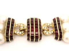3 Layer GIA 8.48-8.98mm Pearl Strands 18k Gold Calibre Cut Ruby Diamond Clasp