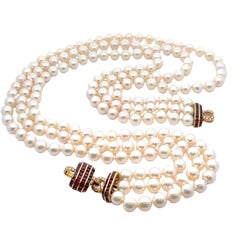 3 Layer GIA 8.48-8.98mm Pearl Strands 18k Gold Calibre Cut Ruby Diamond Clasp