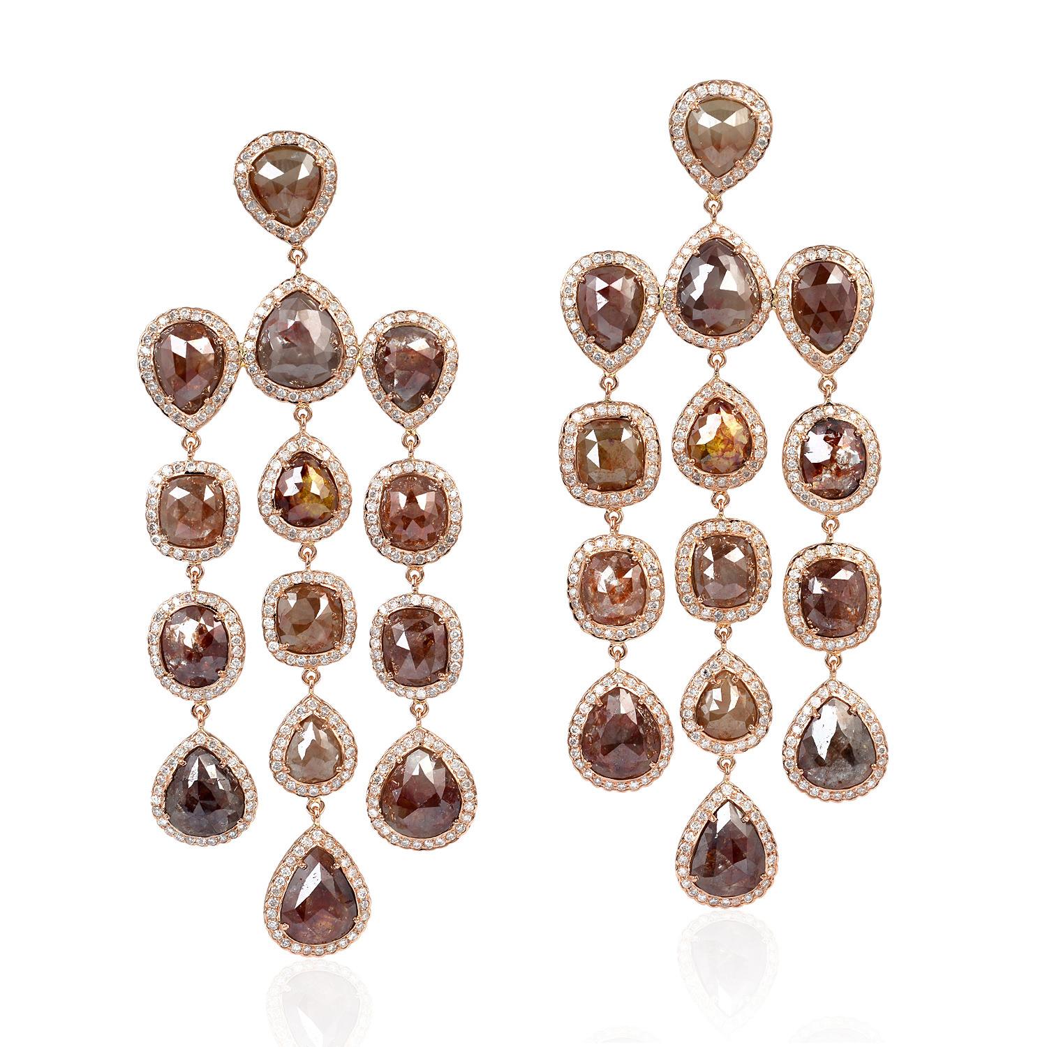 Mixed Cut 3 Layer Mix Shaped Ice Diamond Chandelier Earrings Made in 18k Rose Gold For Sale