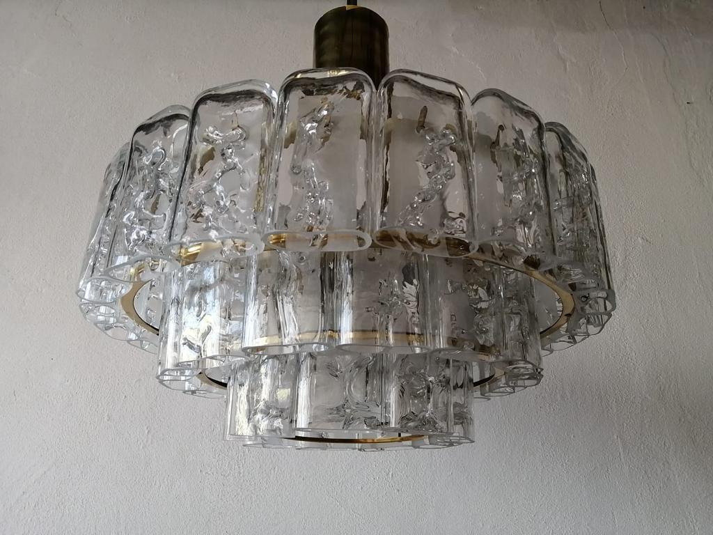 3 Layered Ice Glass & Brass Body Chandelier by Doria Leuchten, 1960s, Germany In Good Condition For Sale In Hagenbach, DE