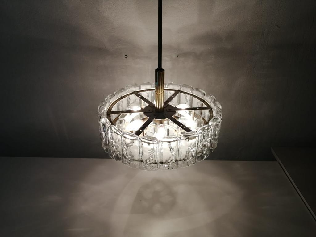 Mid-20th Century 3 Layered Ice Glass & Brass Body Chandelier by Doria Leuchten, 1960s, Germany For Sale