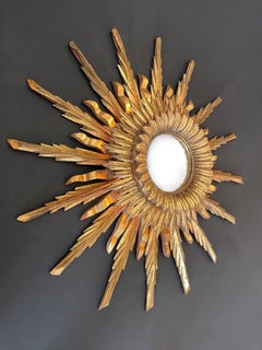 3 Layered Sunburst Convex Mirror, Backlit, Exploding Gilt Wood 1960s, France