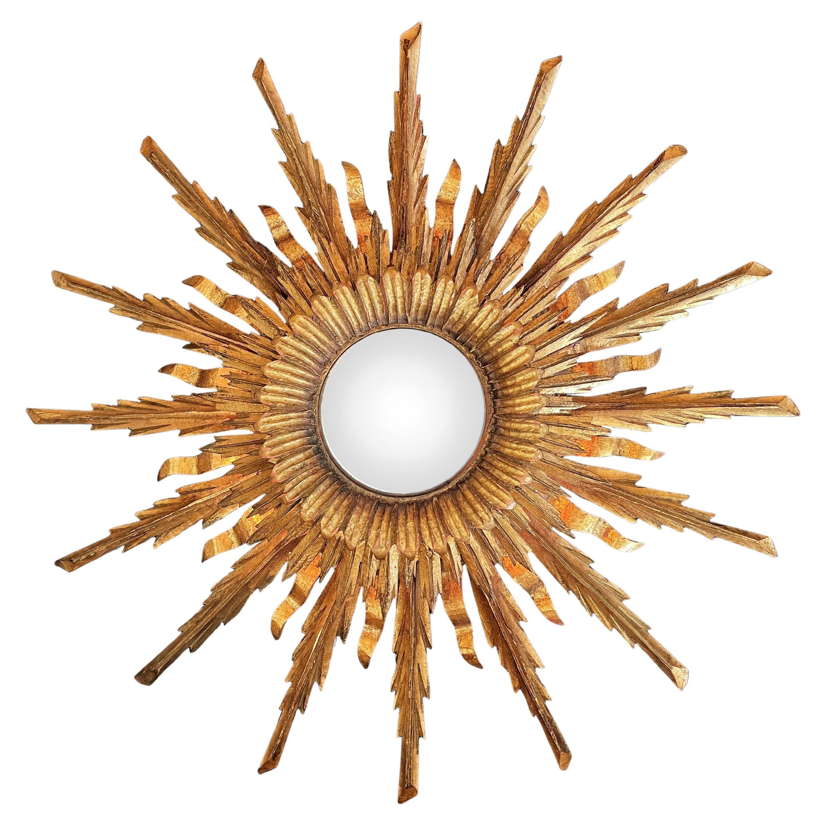 3 Layered Sunburst Convex Mirror, Backlit, Exploding Gilt Wood 1960s, France