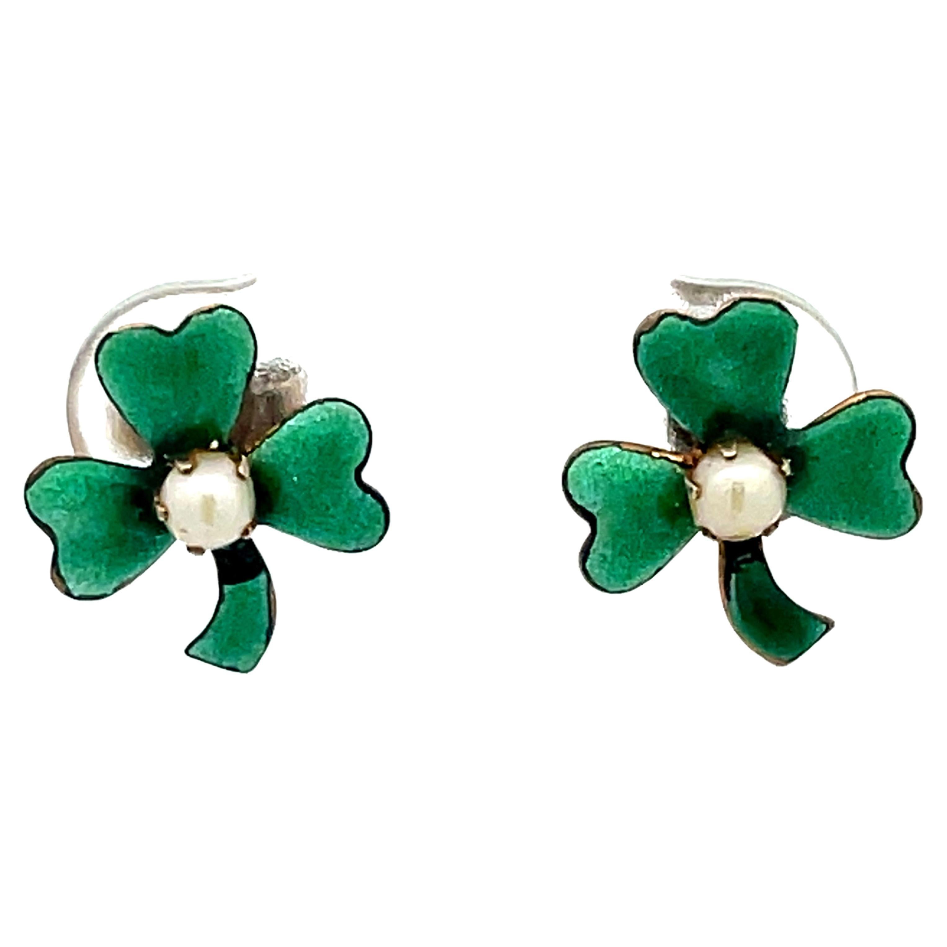 3 Leaf Clover and Pearl Green Enamel Earrings in 14k Gold For Sale