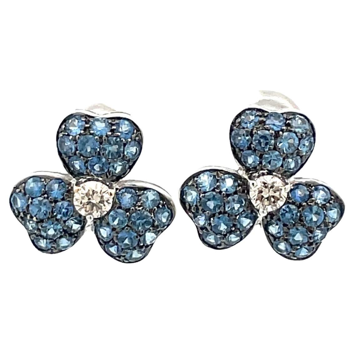 3 Leaf Clover Earring Set With Blue Sapphires and Diamonds 18kt White Gold For Sale