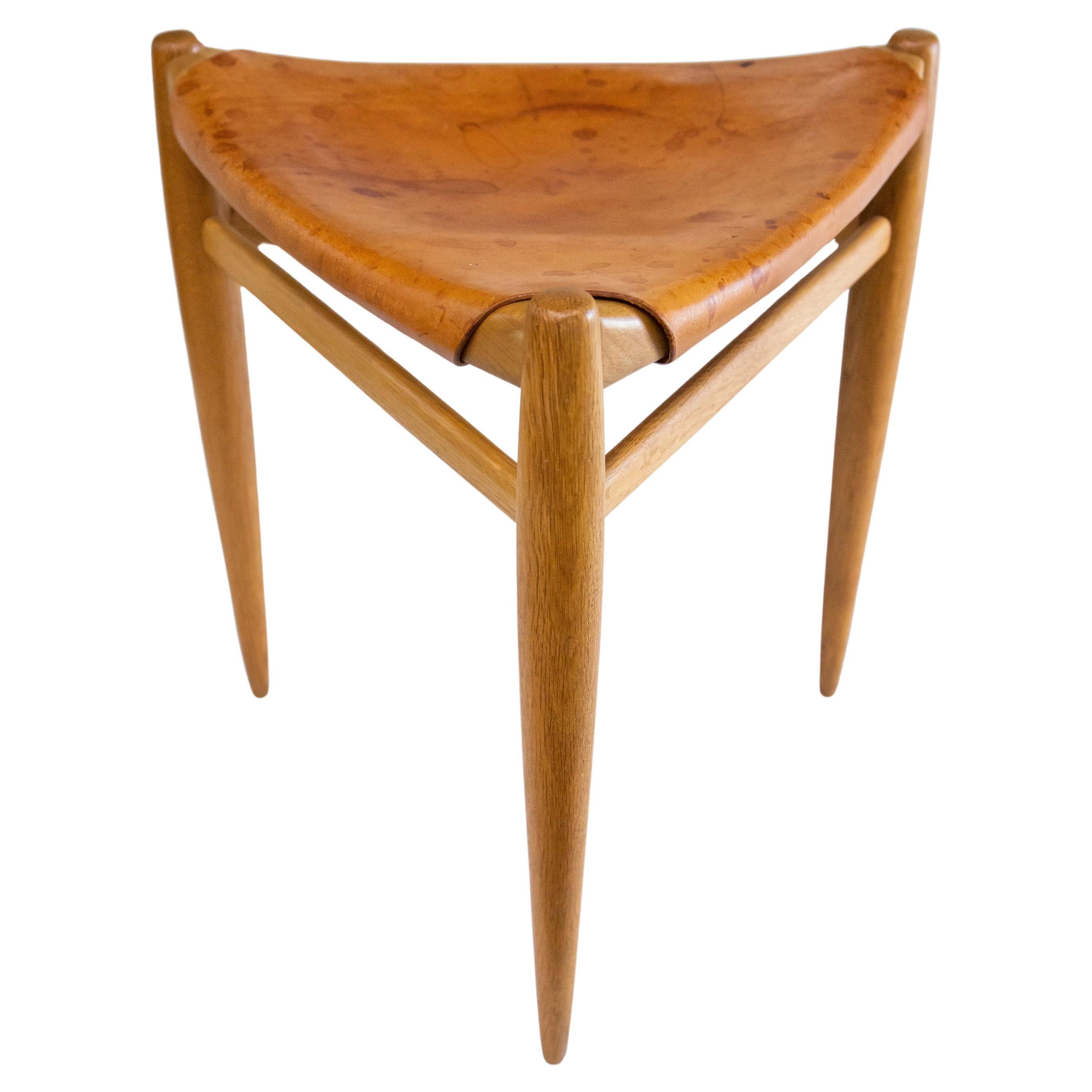 3 Leg Oak Stool by Uno & Östen Kristiansson, Luxus - Vittsjö Sweden 1960s