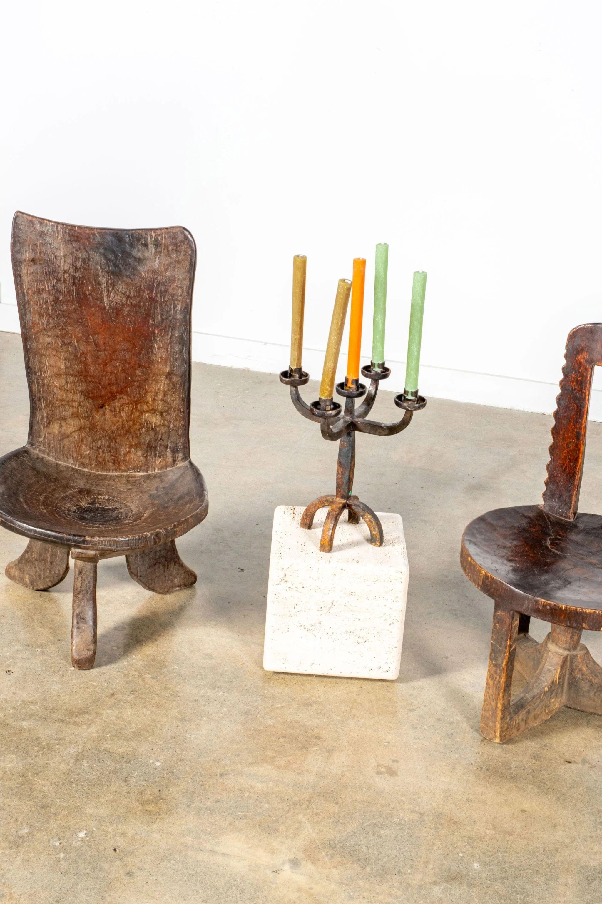 3-legged African Wood Chair with Flat Back For Sale 7