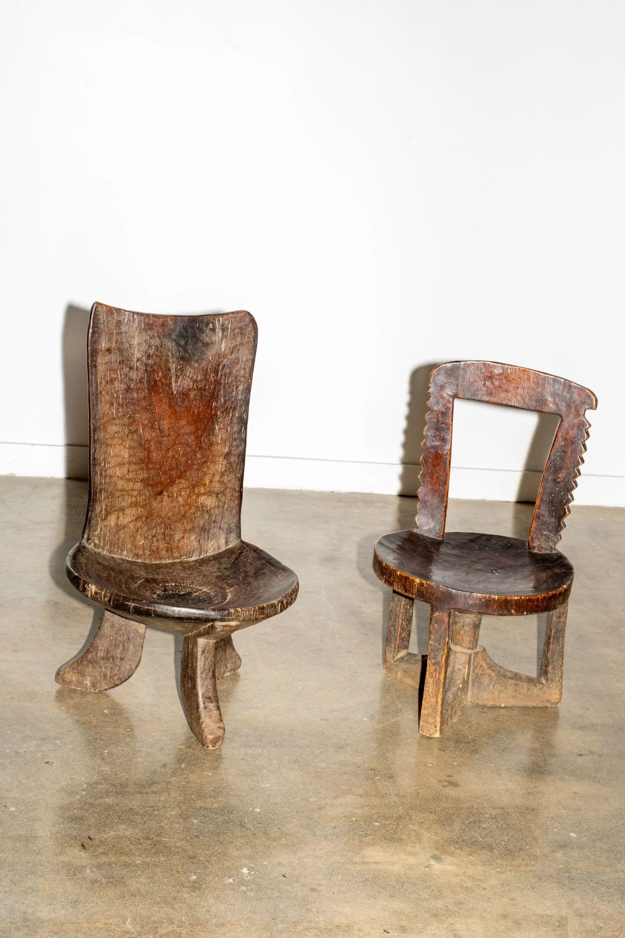 3-legged African Wood Chair with Flat Back In Good Condition For Sale In Toronto, CA