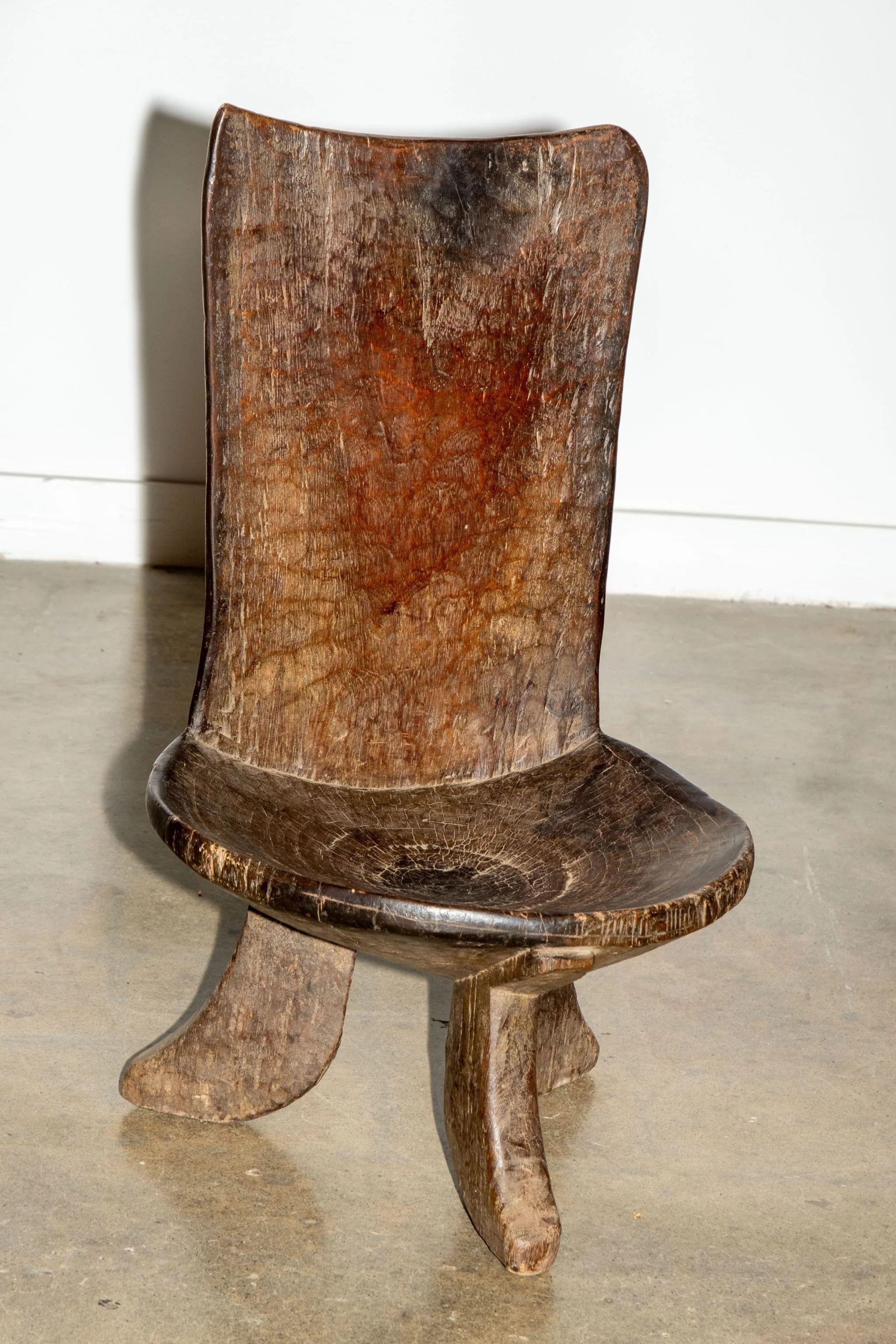 Mid-20th Century 3-legged African Wood Chair with Flat Back For Sale