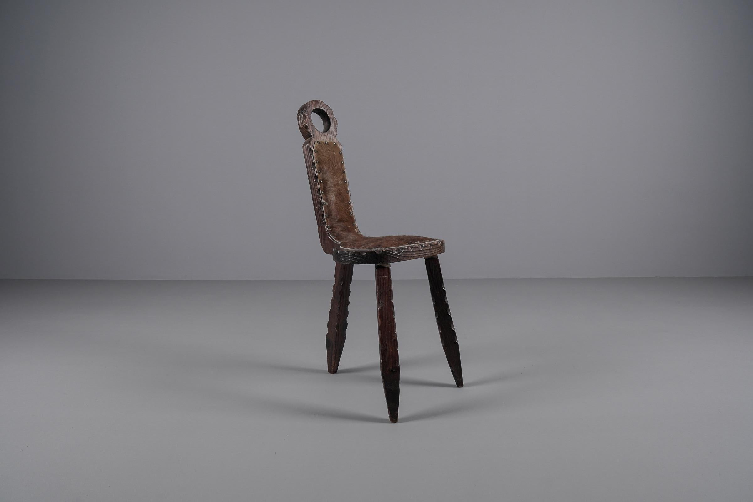 French 3-Legged Brutalist Rustic Modern Sculptured Chair, 1960s France For Sale