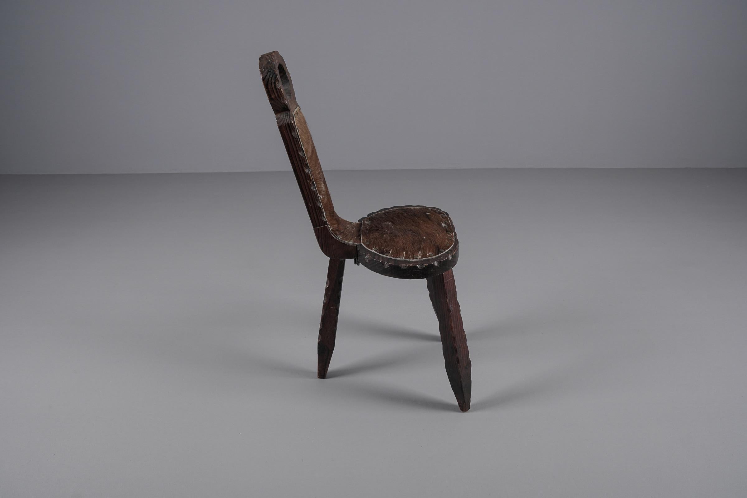 Hand-Carved 3-Legged Brutalist Rustic Modern Sculptured Chair, 1960s France For Sale