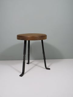 3-legged stool with thick, round oak seat and wrought iron base, France 1960