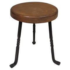 3-legged stool with thick, round oak seat and wrought iron base, France 1960