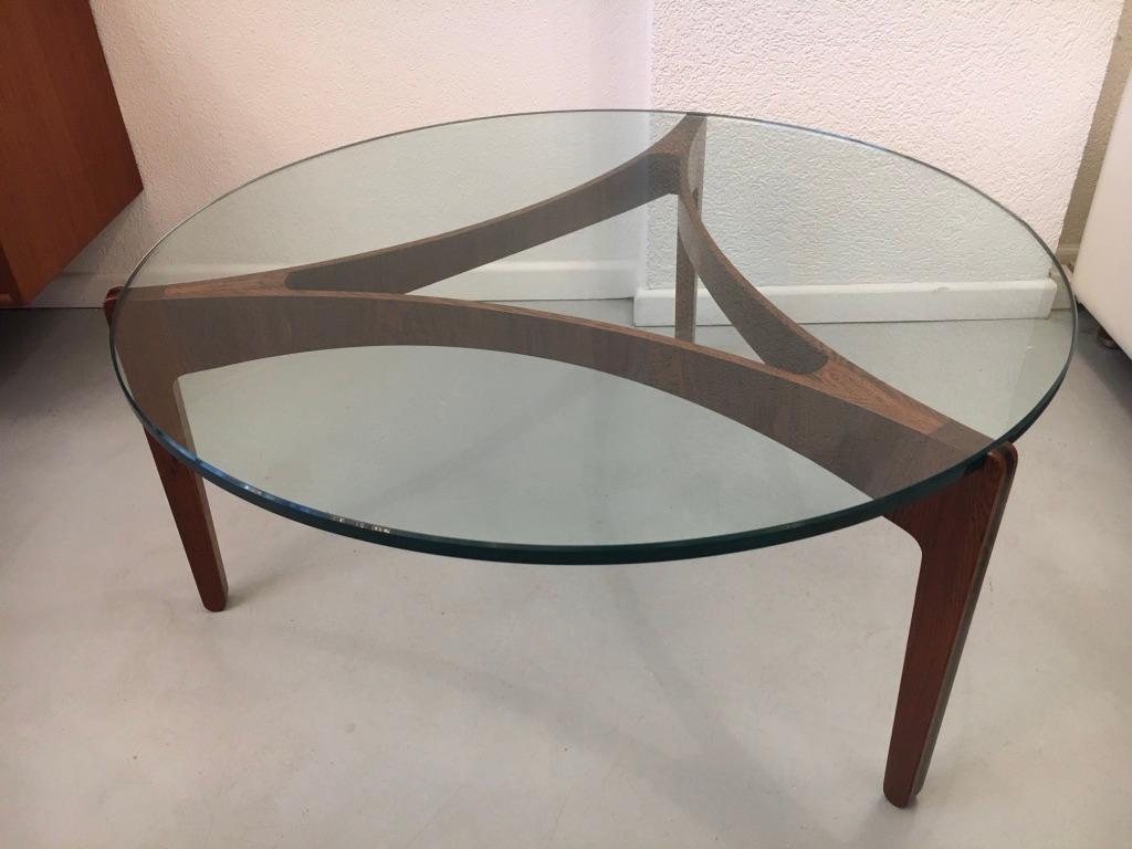 Mid-20th Century 3-Legged Sven Ellekaer Rosewood and Glass Circular Coffee Table, Denmark 1960s