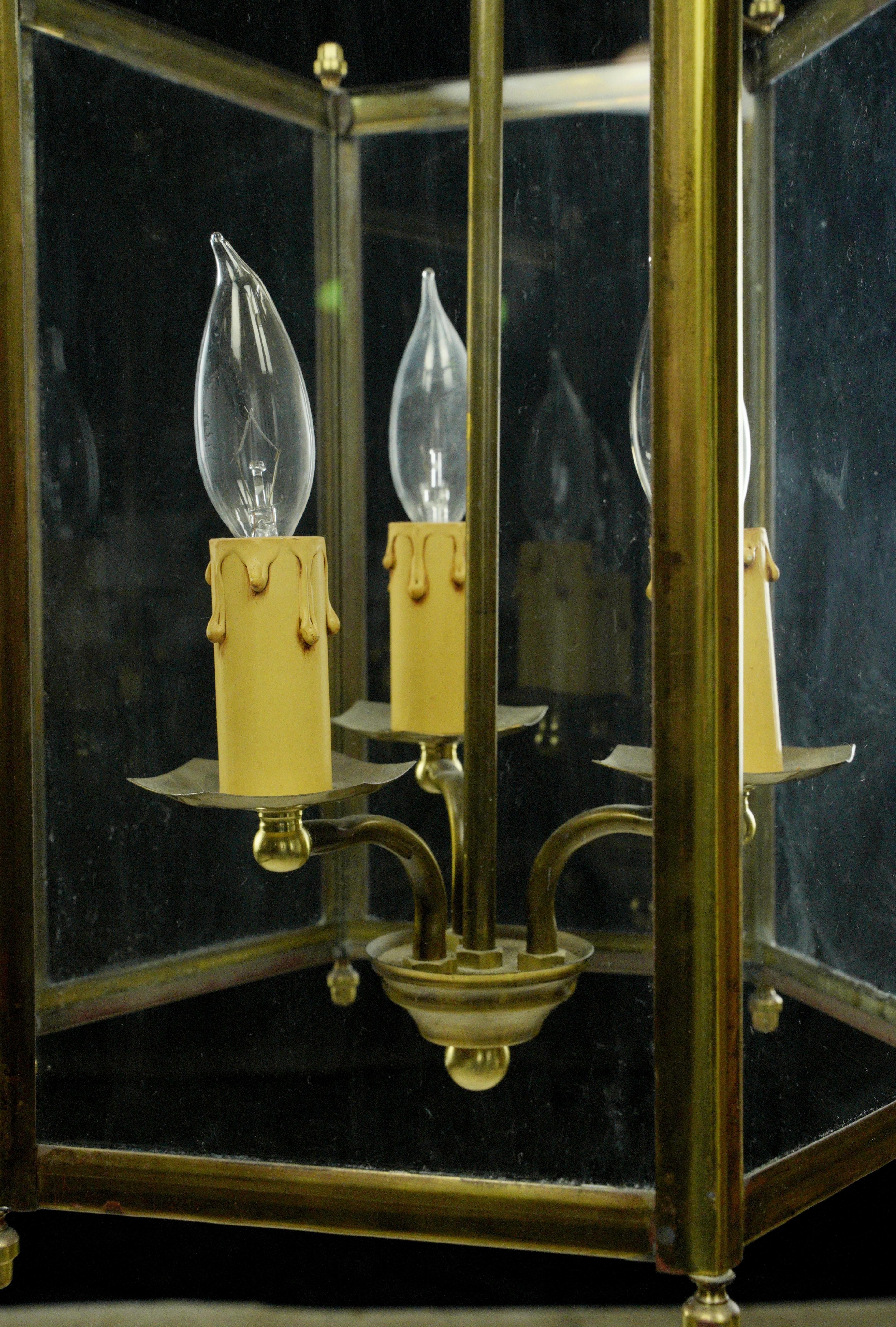 3 Light Brass & Glass Hexagonal Lantern Pendant Light For Sale 6