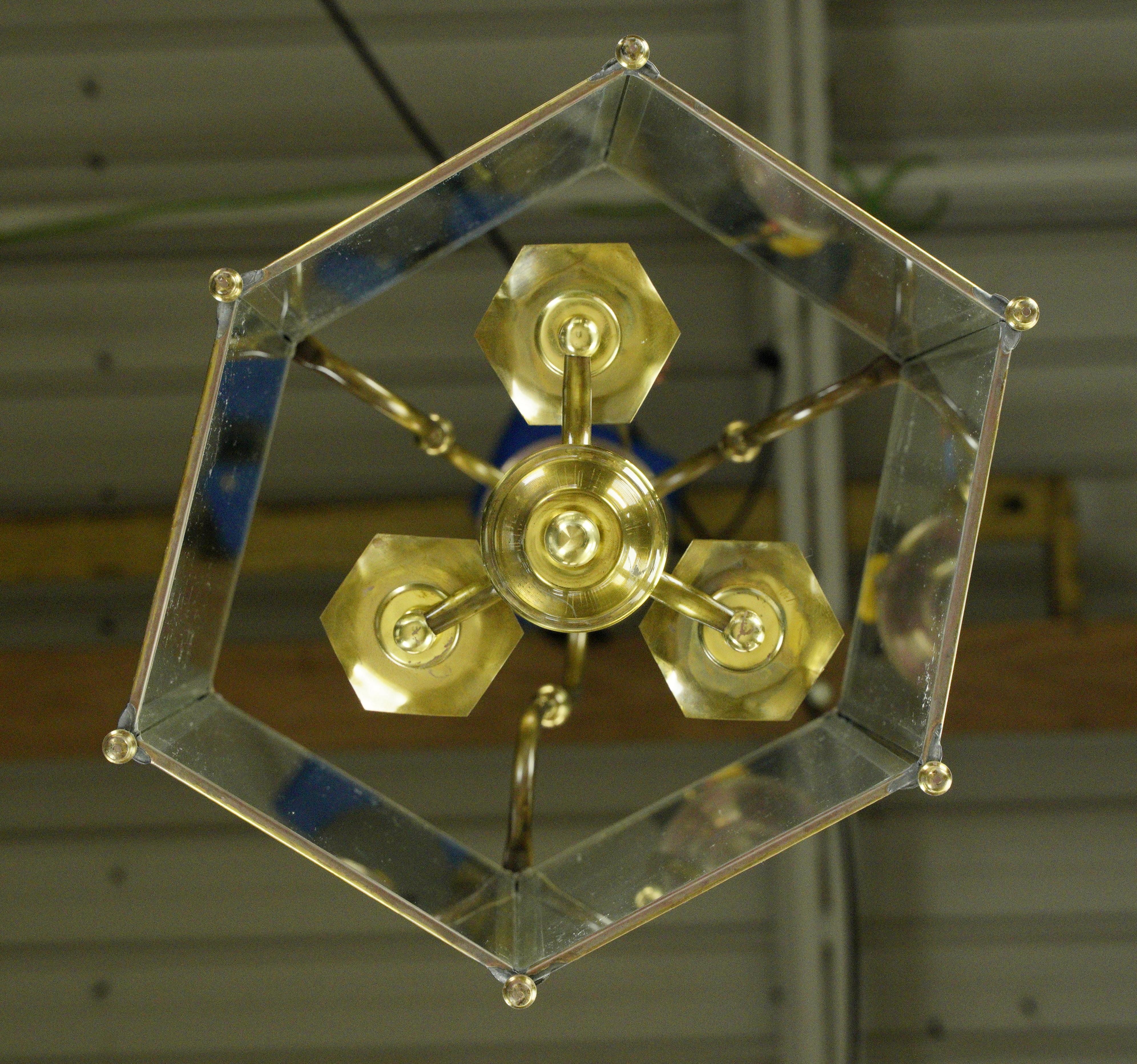 3 Light Brass & Glass Hexagonal Lantern Pendant Light For Sale 8
