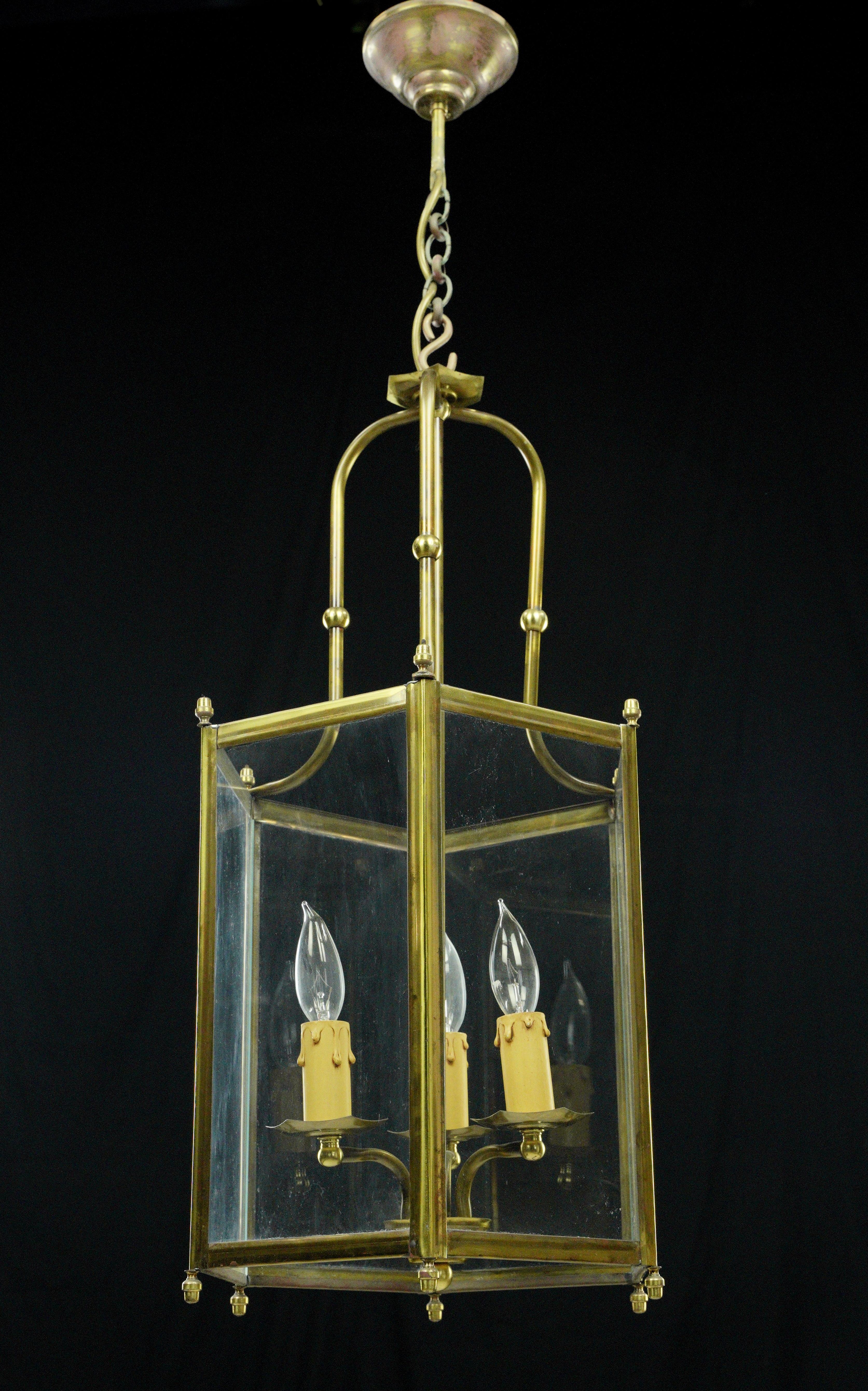3 Light Brass & Glass Hexagonal Lantern Pendant Light In Good Condition For Sale In New York, NY
