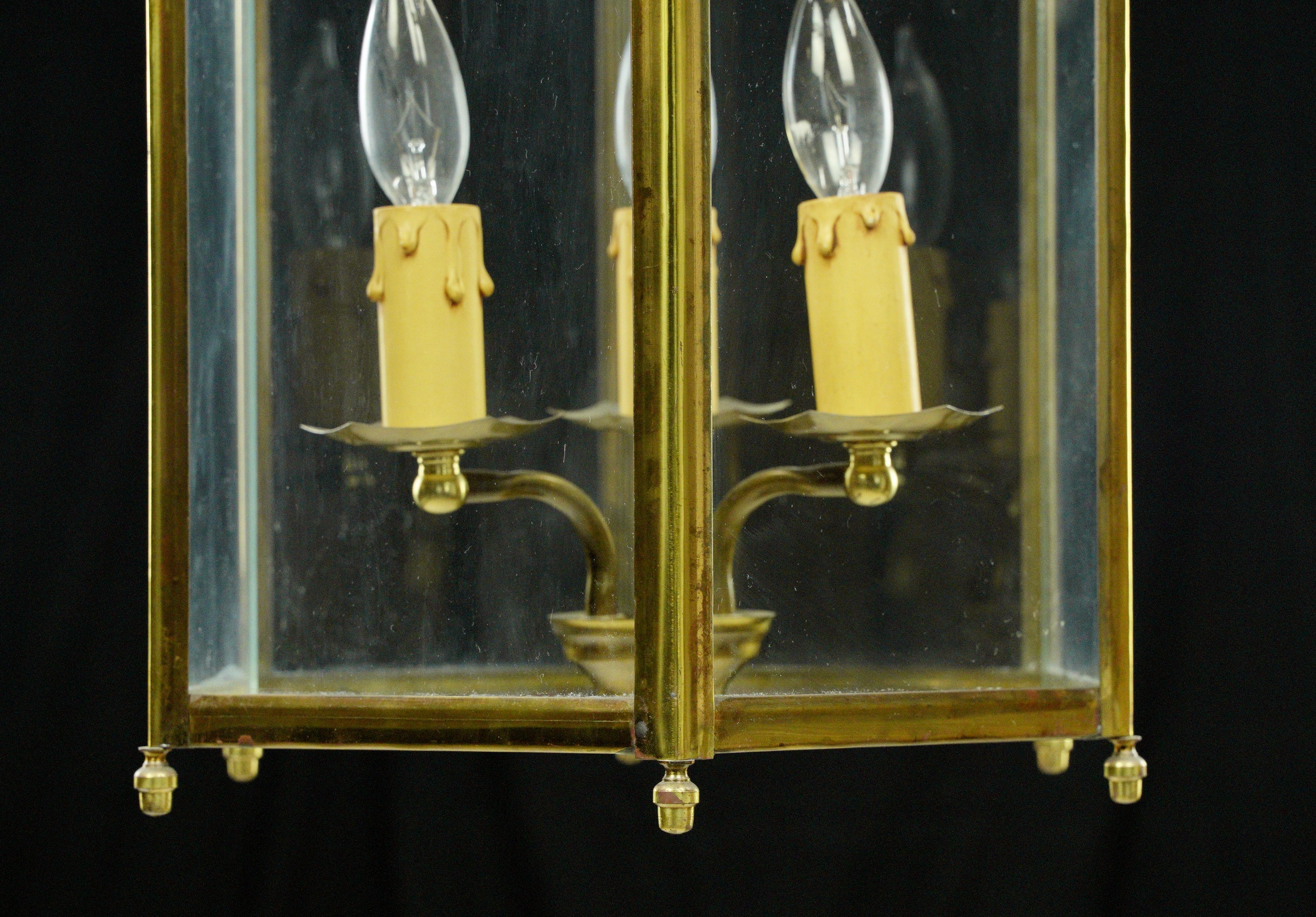 3 Light Brass & Glass Hexagonal Lantern Pendant Light For Sale 1