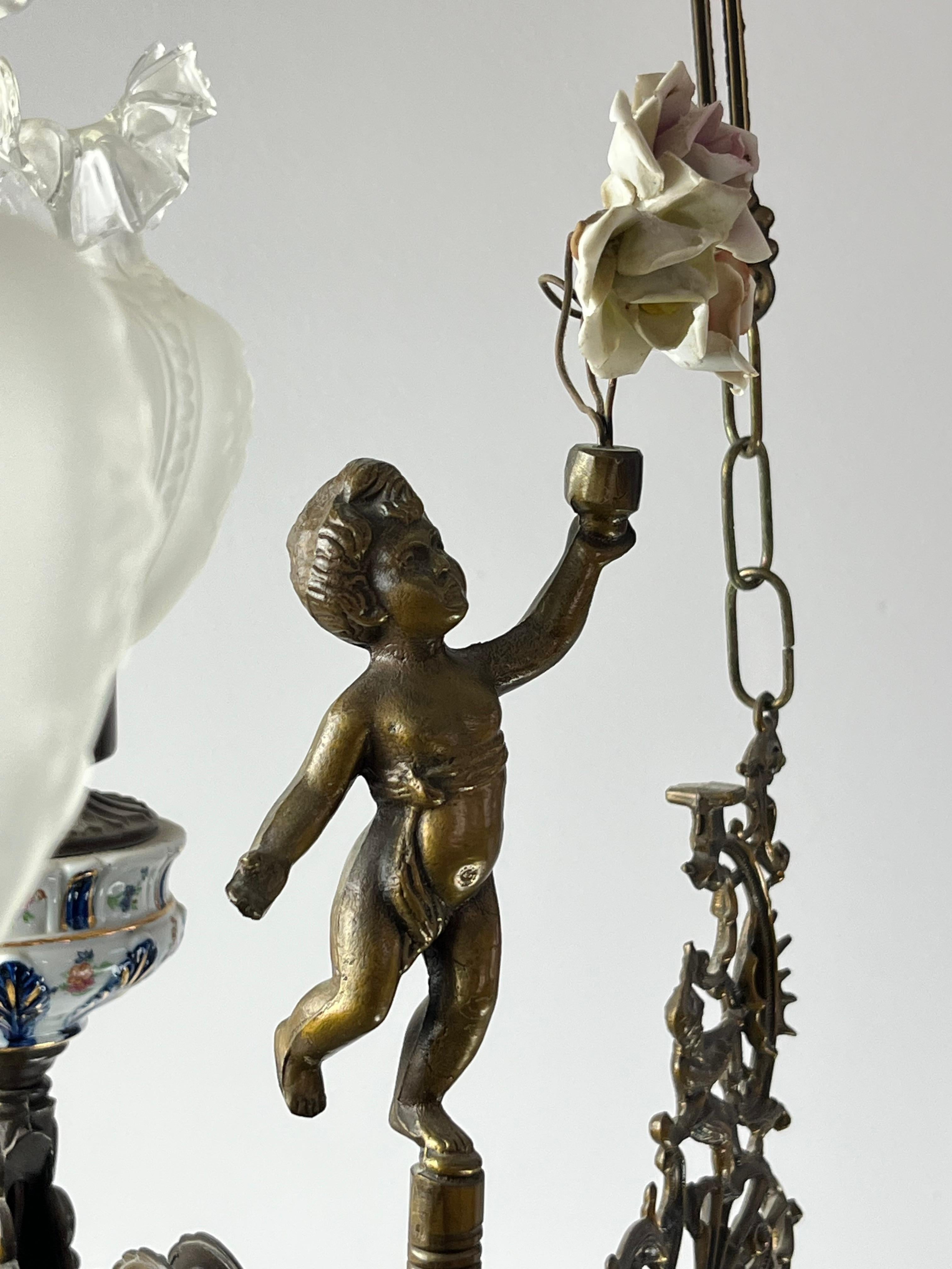 3-Light Bronze, Porcelain and Capodimonte Chandelier, Italy, 1940s 1