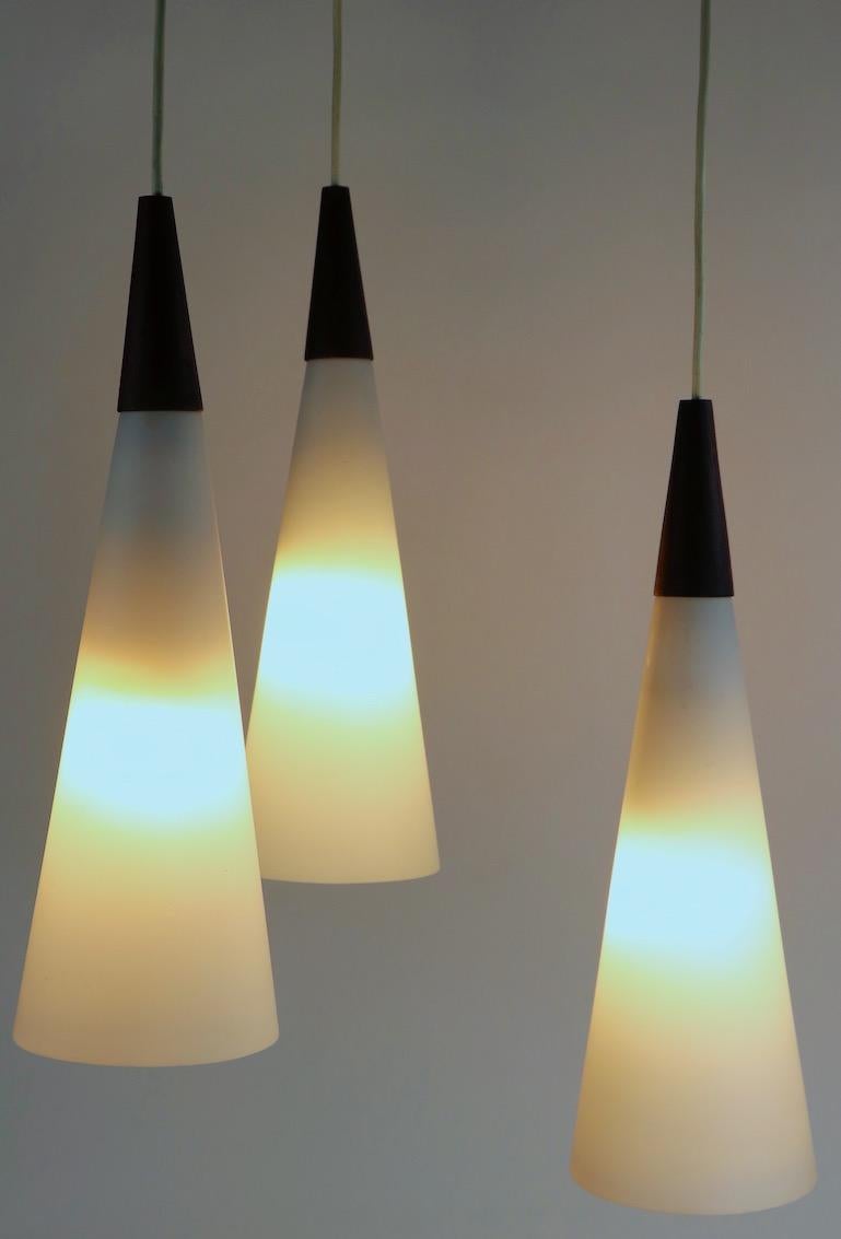 3-Light Cone Glass and Teak Pendant Chandelier Attributed to Holmegaard 4