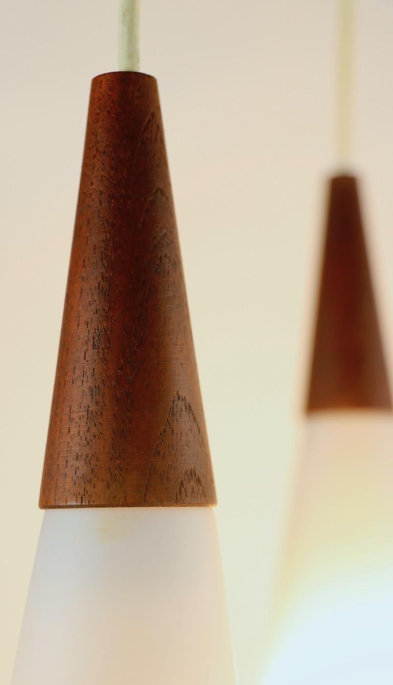 3-Light Cone Glass and Teak Pendant Chandelier Attributed to Holmegaard 5