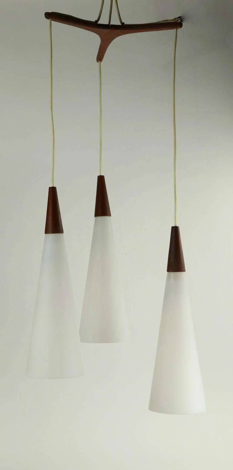 3-Light Cone Glass and Teak Pendant Chandelier Attributed to Holmegaard 1