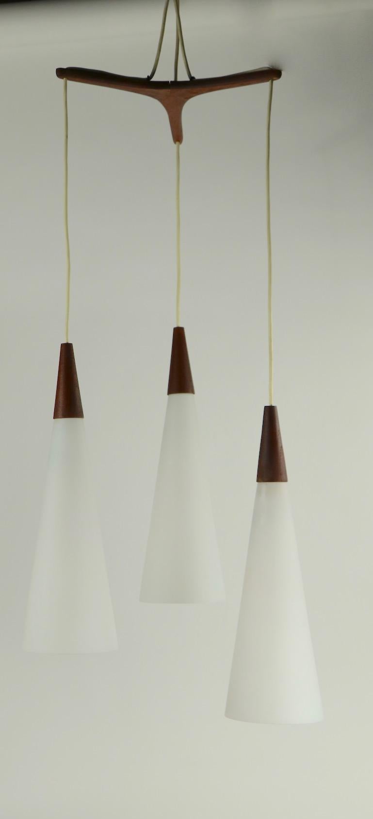 3-Light Cone Glass and Teak Pendant Chandelier Attributed to Holmegaard 2