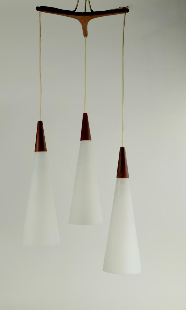 3-Light Cone Glass and Teak Pendant Chandelier Attributed to Holmegaard 3