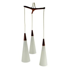 3-Light Cone Glass and Teak Pendant Chandelier Attributed to Holmegaard