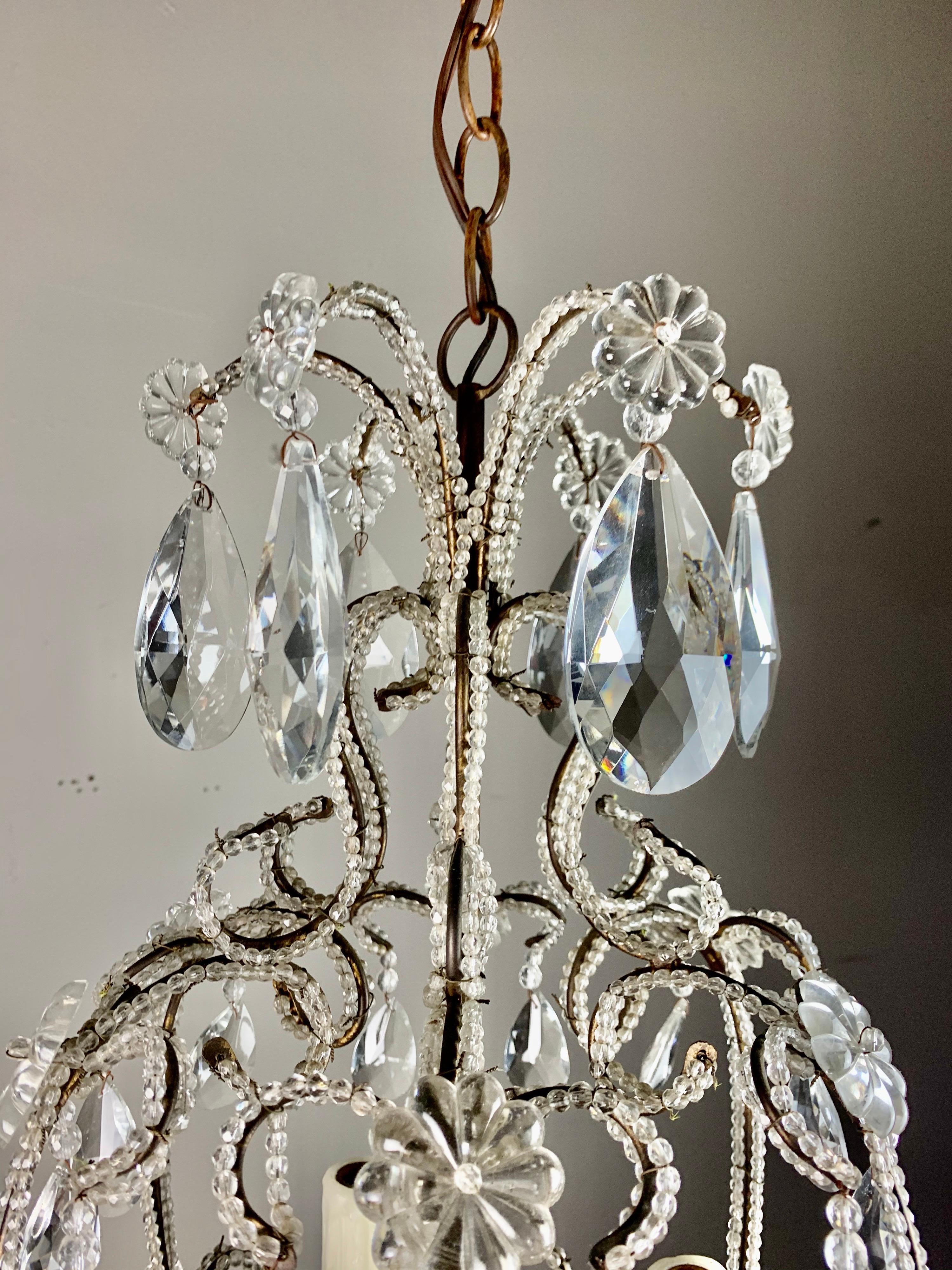 3-Light Crystal Chandelier, circa 1930s In Excellent Condition In Los Angeles, CA