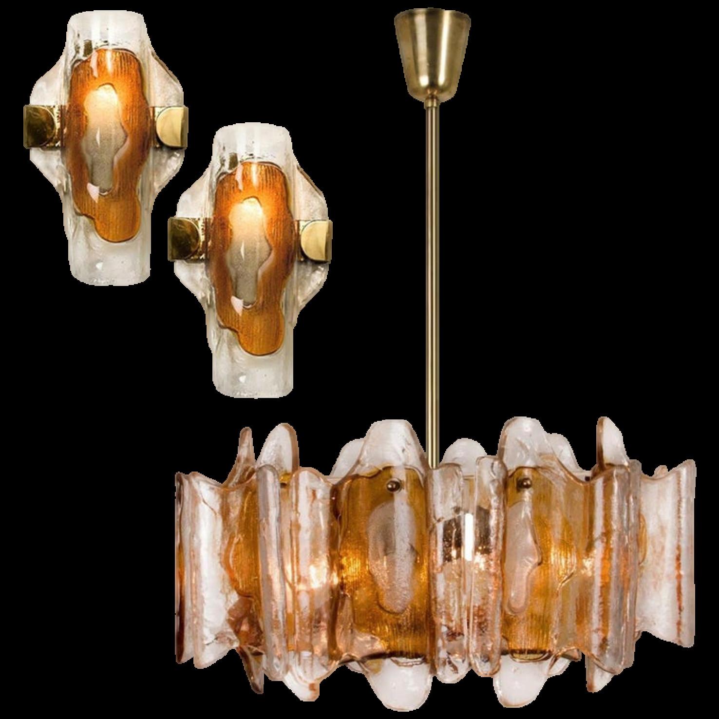 We offer a amazing set of Kalmar light fixtures. The set is executed to a very high standard. By J.T. Kalmar, manufactured in midcentury, circa 1970. Kalmar was the most important producer of premium-quality chandeliers in Austria from 1940-1970.