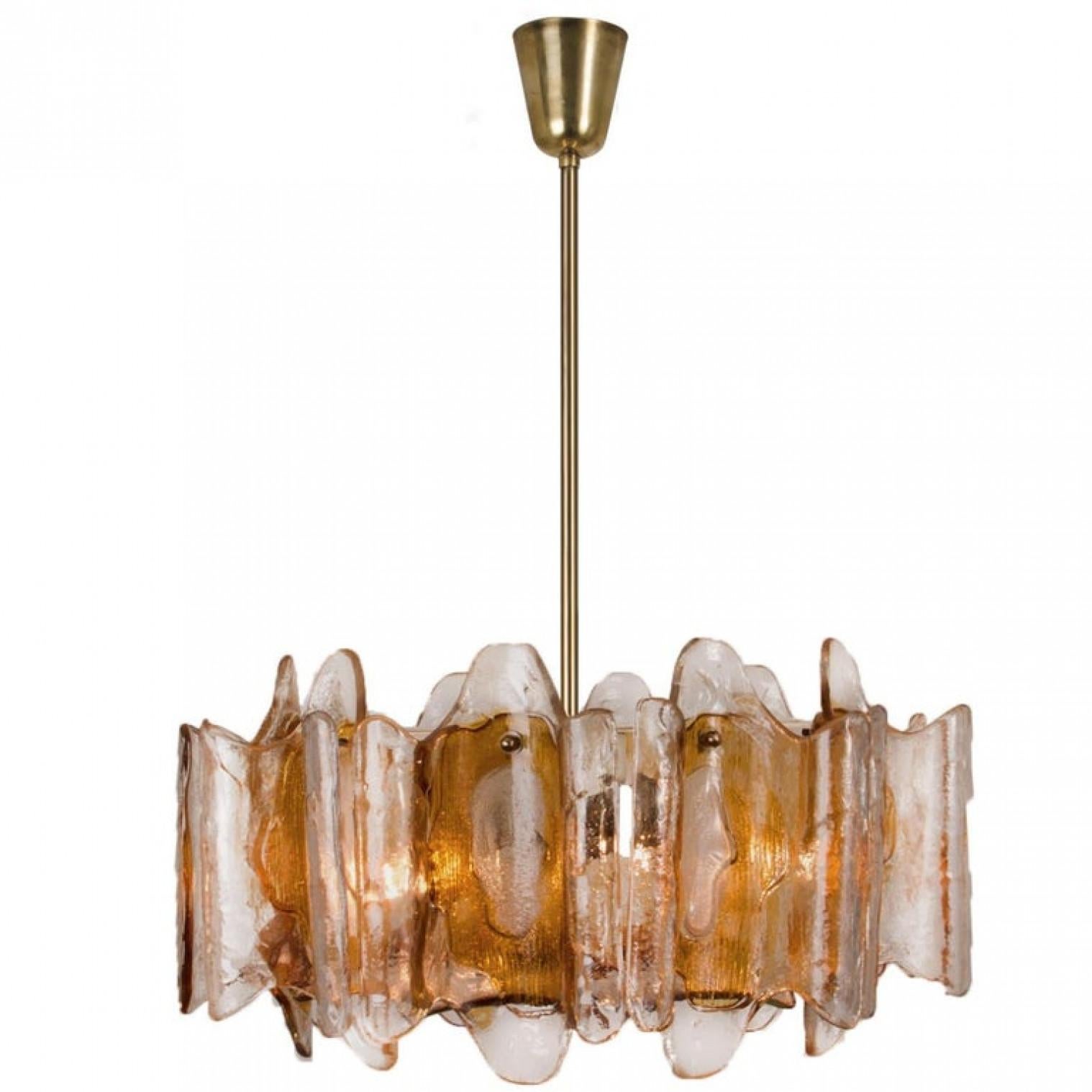 Brass 3-Light Fixtures by J.T. Kalmar, Crystal Glass, 1 Chandelier and 2 Wall Lights For Sale