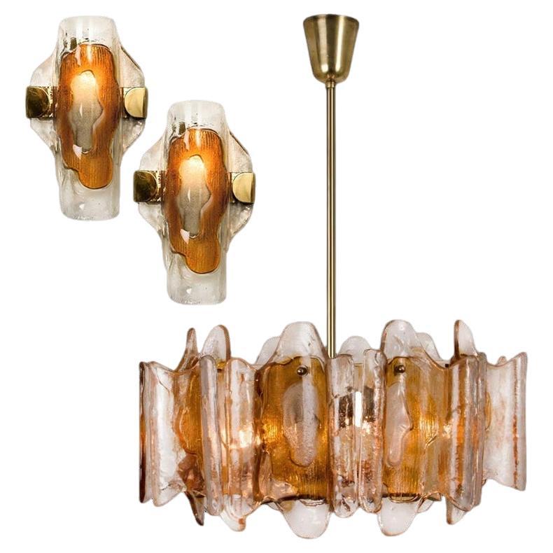3-Light Fixtures by J.T. Kalmar, Crystal Glass, 1 Chandelier and 2 Wall Lights For Sale