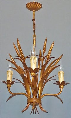 3-Light Gilt Metal Italian Leaf Chandelier Kögl Maison Jansen Bagues Style 1950s
