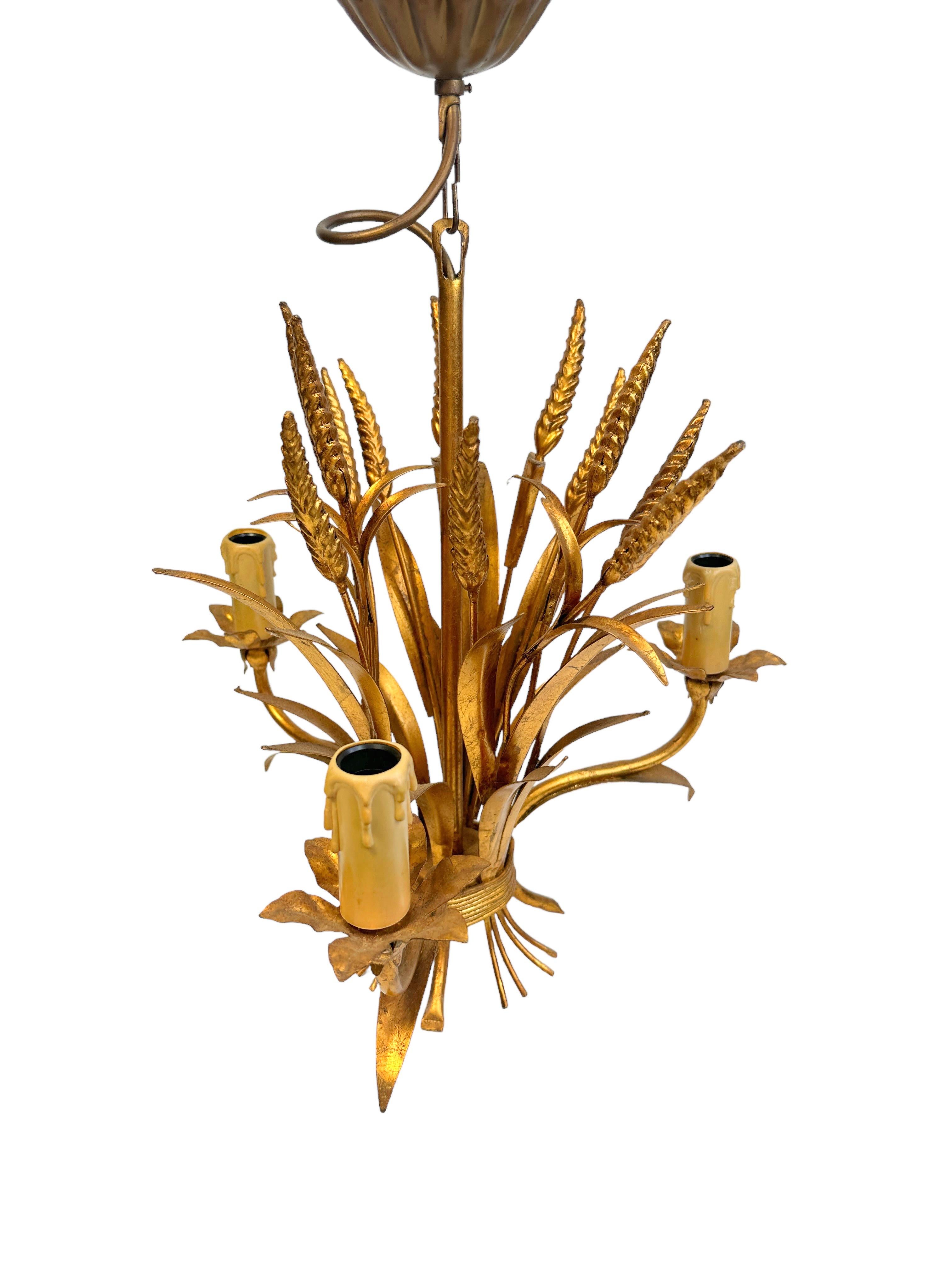 Mid-20th Century 3-Light Gilt Metal Wheat Sheaf Chandelier Koegl Tole Toleware Coco Chanel Style For Sale